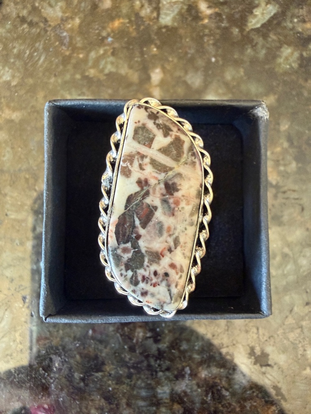 Sterling Silver plated White and Brown Jasper Statement Ring